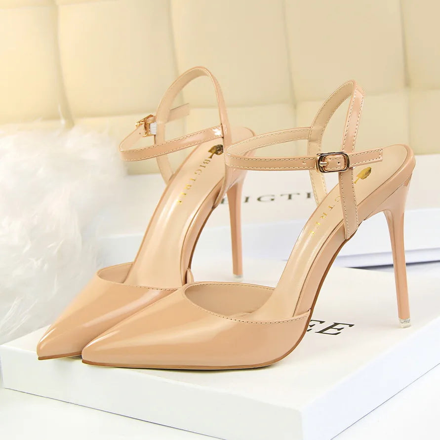 Women 10.5cm High Heels Sandals Lady Metallic Gray Patent Leather Stripper Ankle Strap Sandles Wedding Fetish Nightclub Shoes