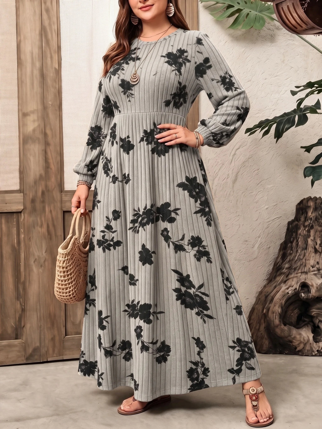 Plus Size Women Floral Print Ribbed Knit Maxi Dress Fall Winter Round Neck Puff Sleeve A Line Casual Long Dress