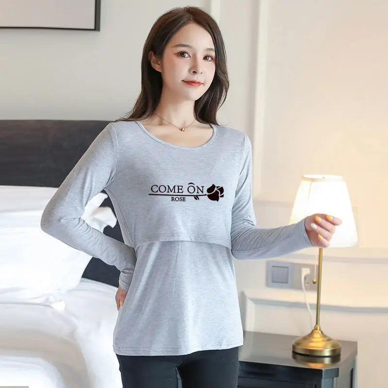 2025 Autumn Long Sleeve O-neck Postpartum Women Nursing T-shirt Maternity Breastfeeding Top Pregnancy Lactation Tees 7 Colors