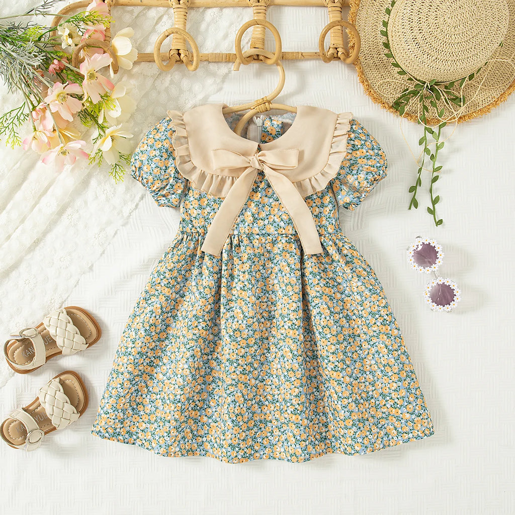 Baby Girl Dress Summer Floral Bow Short Sleeved Girl Dress Cute Bubble Sleeve Girl Princess Dress Baby Clothes Girl