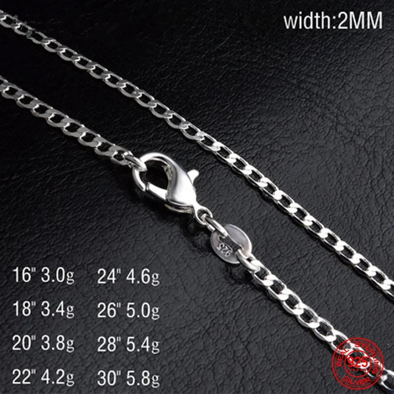 925 Sterling Silver 2MM Flat Necklace Chain For Women Men Fashion Wedding Party Jewelry Gift