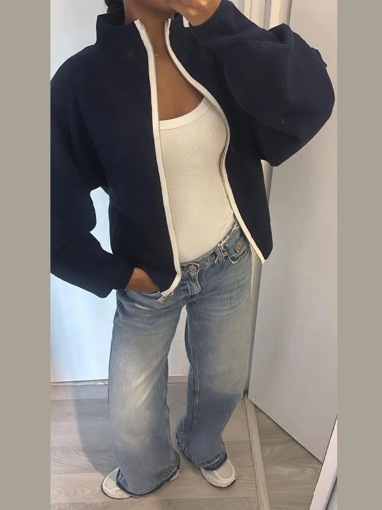 Zip Up Jacket Contrast White Zipper Long Sleeve Loose Cropped Bomber Coat 2026 winter Autumn Casual Streetwear Women  Outerwear