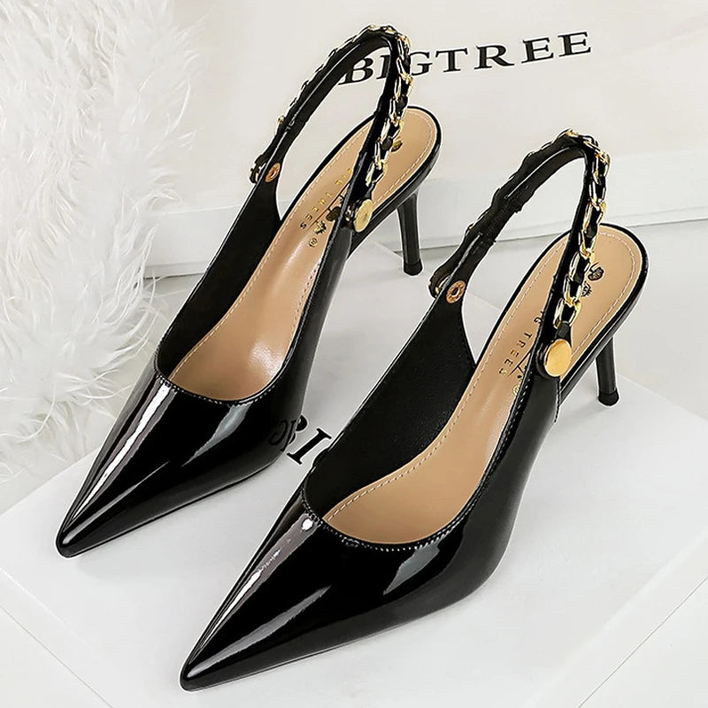BIGTREE Shoes Metal Chain Women Pumps Patent Leather New Women 7 Cm 9.5 Cm Heels Women Summer Stilettos Sandals High Heels