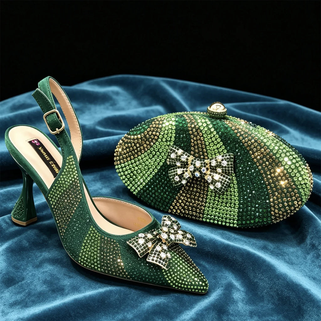 Elegant Nigerian-Inspired Rhinestone High Heels with Orange Mini Oval Bag - Stylish Women's Shoes for Special Occasions
