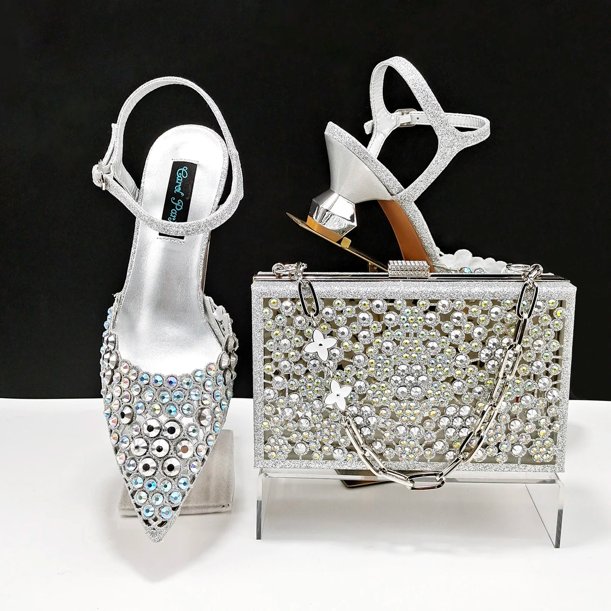 Happy Time Exquisite ! African Women's Shoes And Star Bag Rhinestone Embellished Pointed Toe Cutout Heels Square Clutch Bag