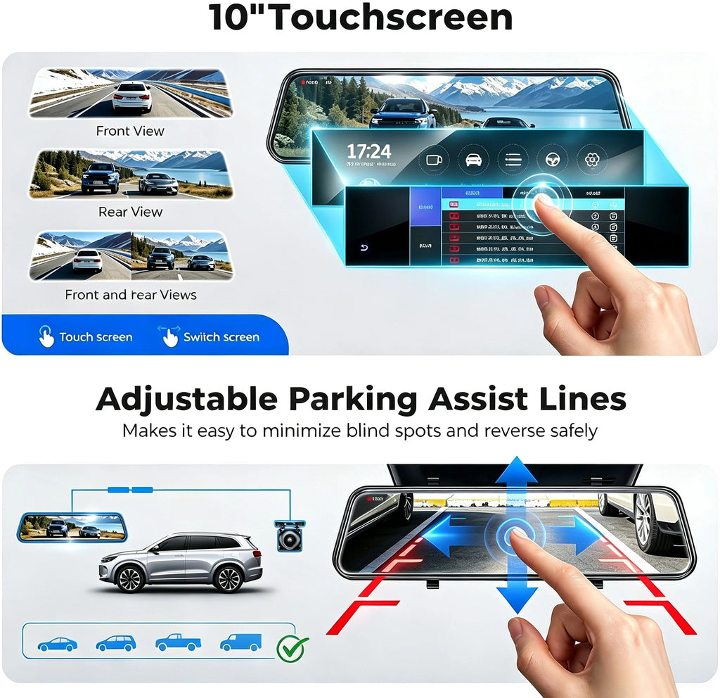 4K+2.5K Mirror Dash Cam with Front IMX678 & Rear, 10" Rear View Mirror Camera, 170° Wide-Angle, Reversing Aid, G-sensor, Looped Recording, Night Vision, 5.8GHz WiFi, External GPS, ADAS & BSD & LCA, 64G TF Card, X10 Pro Max
