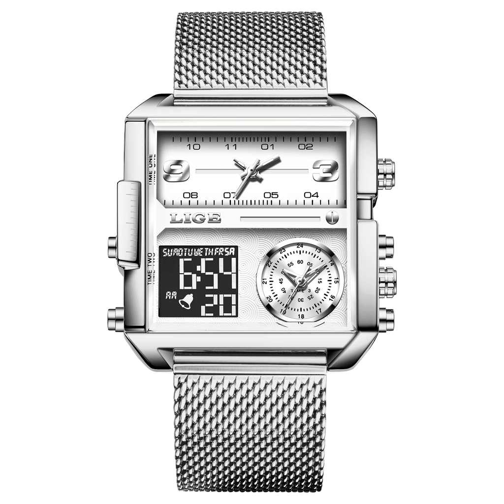 LIGE New Top Brand Luxury Fashion Men Watches Gold Steel Sports Square Digital Analog Big Quartz Watch for Man relogio masculino