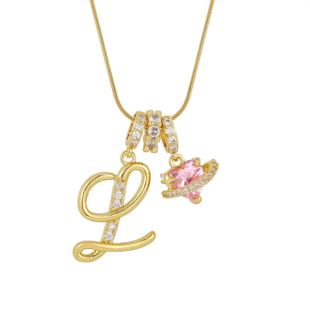 Fashion Letter Necklace Pink for Women  Zircon Heart Pendant Suitable for Personalized Stainless Steel Luxury Jewelry for Girls