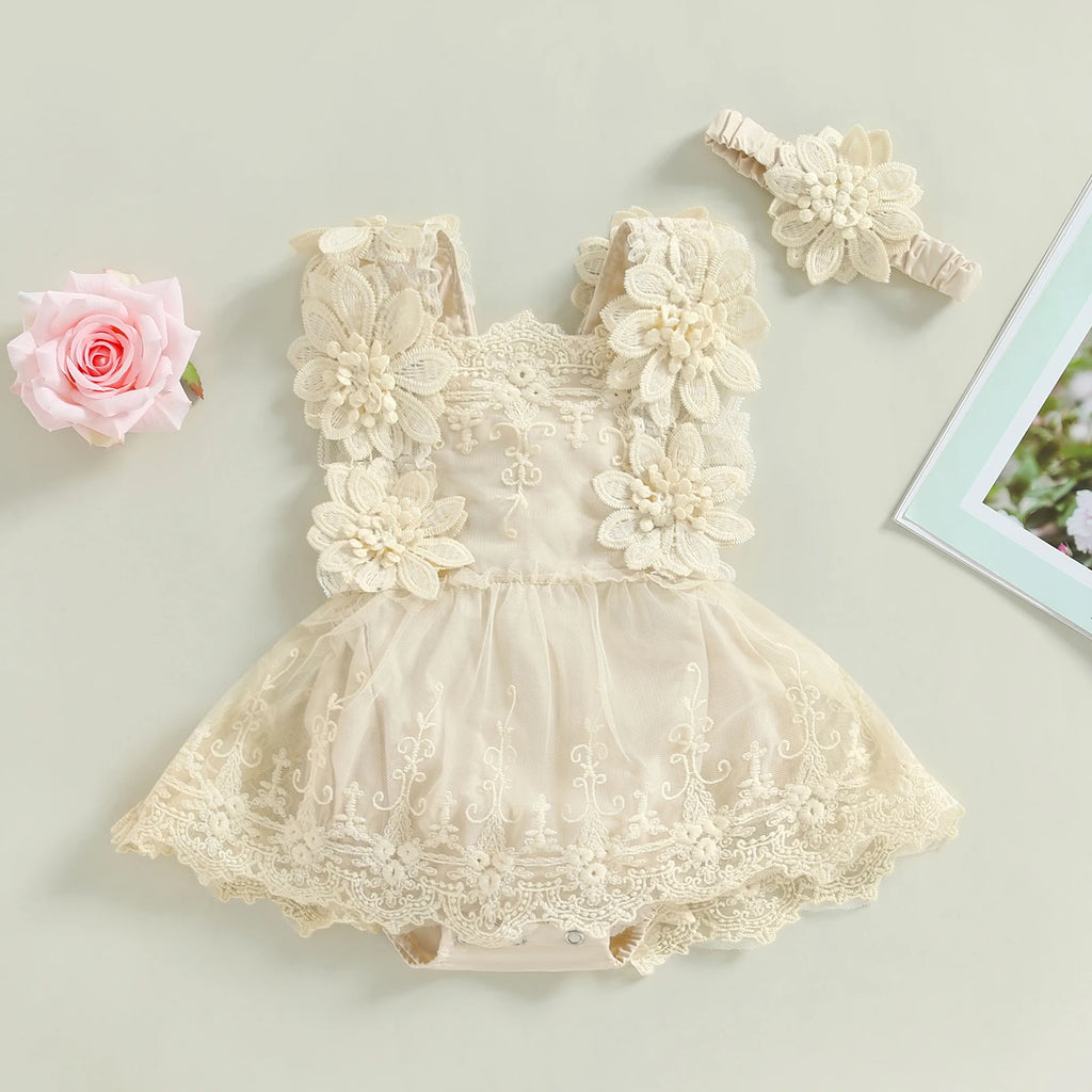 Pudcoco Infant Baby Girls Romper, Summer Sleeveless Square Neck Floral Lace Casual Party Street Bodysuit Tops + Head Band 0-18M