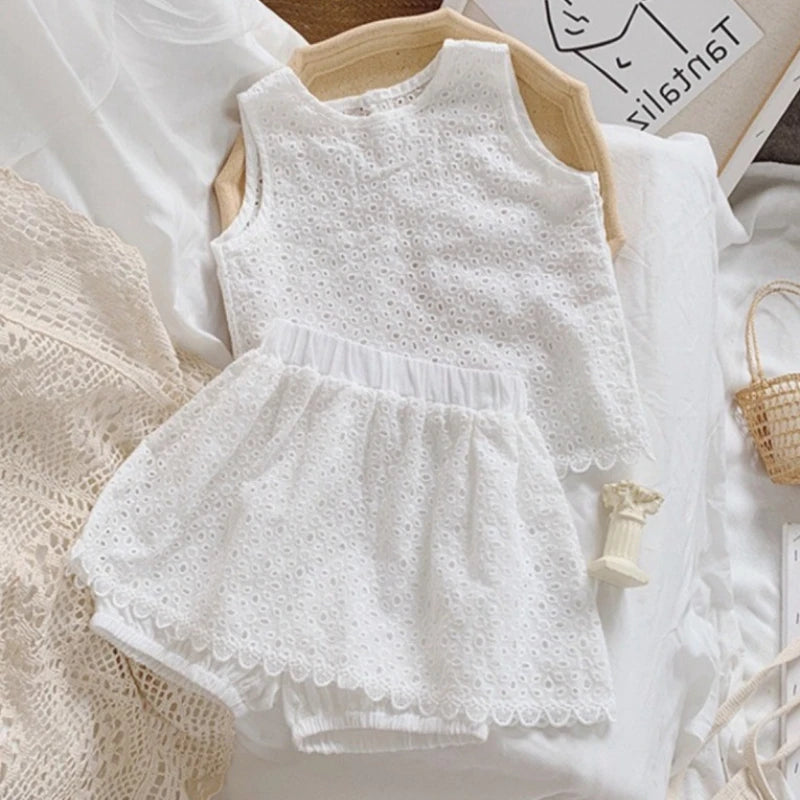 2PCS Kids Sets Summer Girl Clothes Children Hollow Lace Sleeveless Tops Shorts Set Fashion Baby Girl Cardigan Fake Two Suit