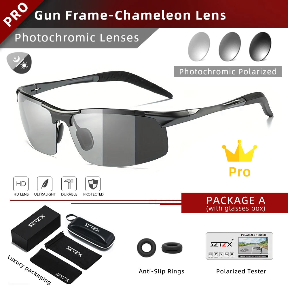 SZTZX Aluminium Rimless Outdoor Sport Photochromic Sunglasses Men Polarized  Anti-UV Driving Fishing Glasses Cycling Goggle