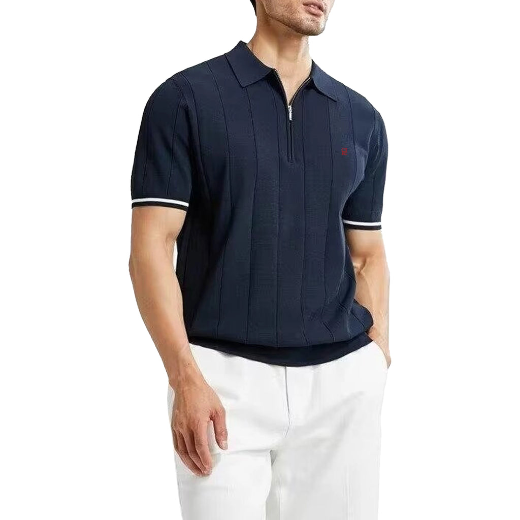 CH Men Vertical Striped Knit Polo Shirt Half Zip Lapel Short Sleeve CH Embroidery Top Breathable Business Casual Summer Male Tee