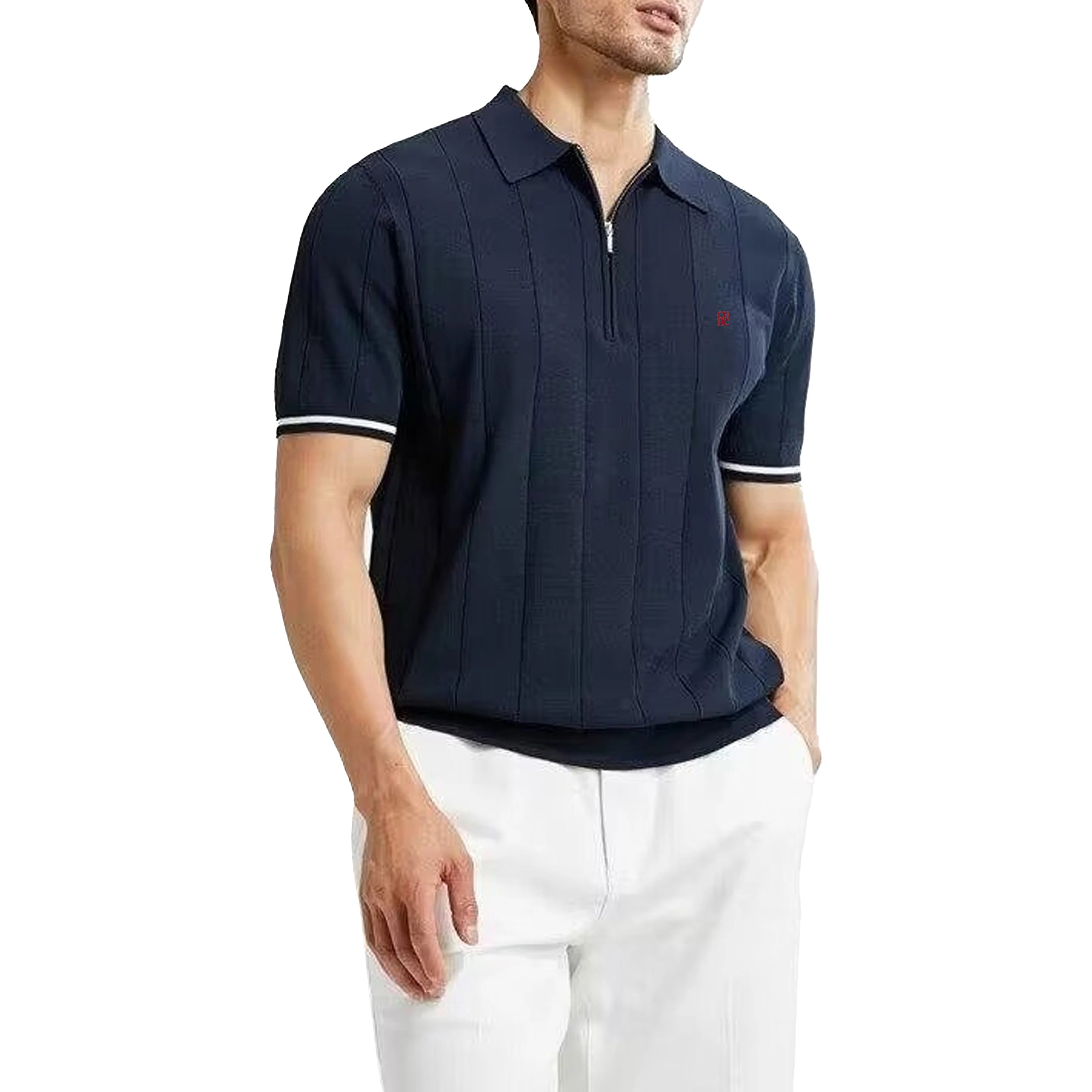 CH Men Vertical Striped Knit Polo Shirt Half Zip Lapel Short Sleeve CH Embroidery Top Breathable Business Casual Summer Male Tee