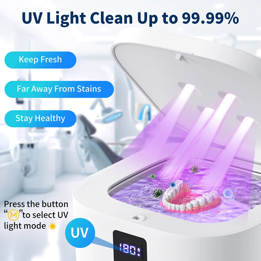KUNPHY Portable Mini Household Dental Pod Ultrasonic UV Cleaner Machine for Dentures Aligner Retainer Whitening Trays Ring