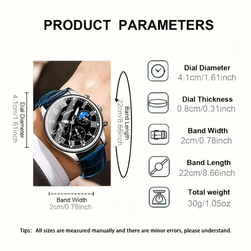 Casual men's quartz watch, fashionable business PU leather watch bracelet combination, suitable for daily use or gift gifts