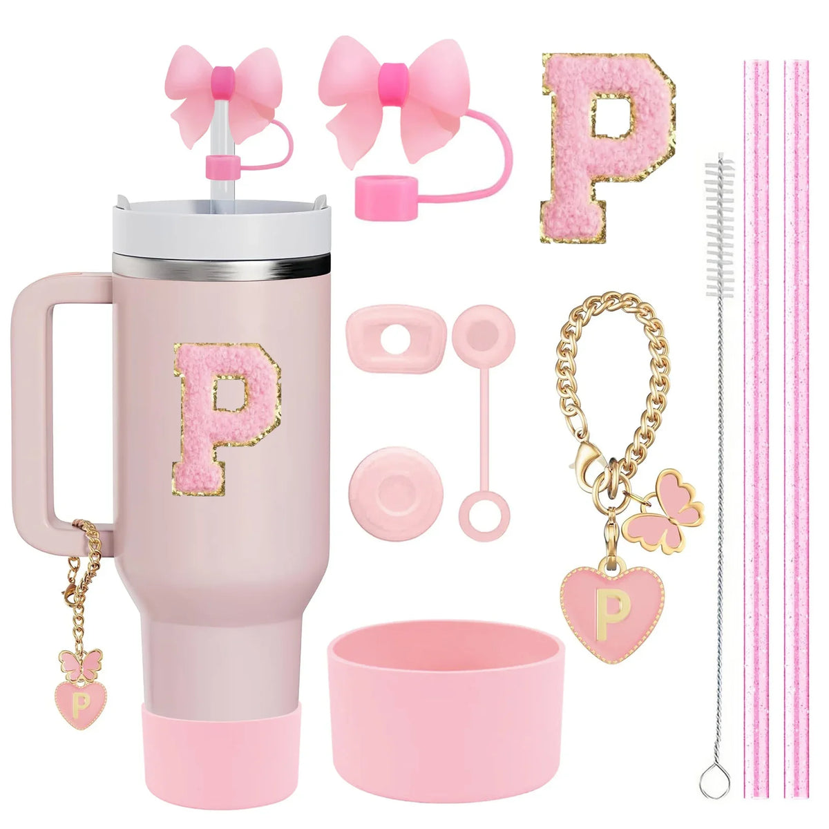10PCS Accessories Set for Stanley Cup, 2 Straw and Brush and 1 Flower Charm Chain 3 Spill Proof Stopper Flowers Straw Cover Boot
