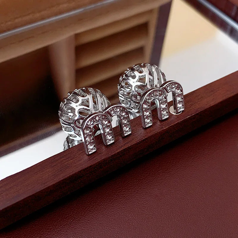 Double-sided Zircon Dripping M Letter Light Luxury High-end Hoop Earrings French Personality DesignTemperament Earring K