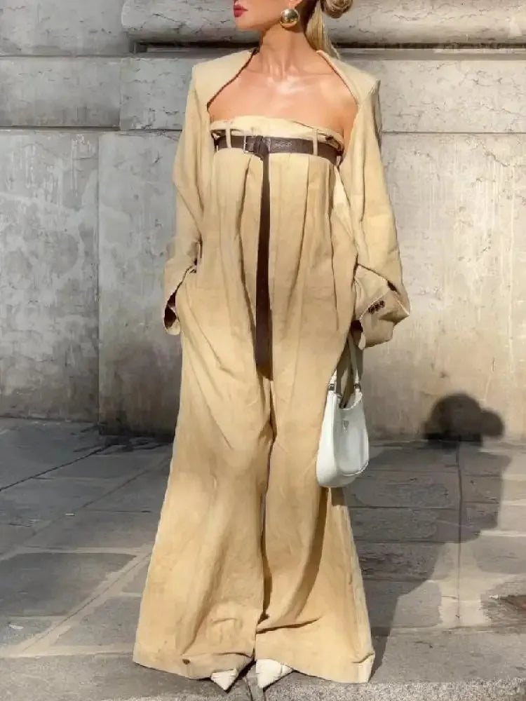 Freeacy Women's Stylish Jumpsuit Set Collarless Long Sleeve Outerwear and Strapless Wide Leg Jumpsuits Summer Loose Fit Suit