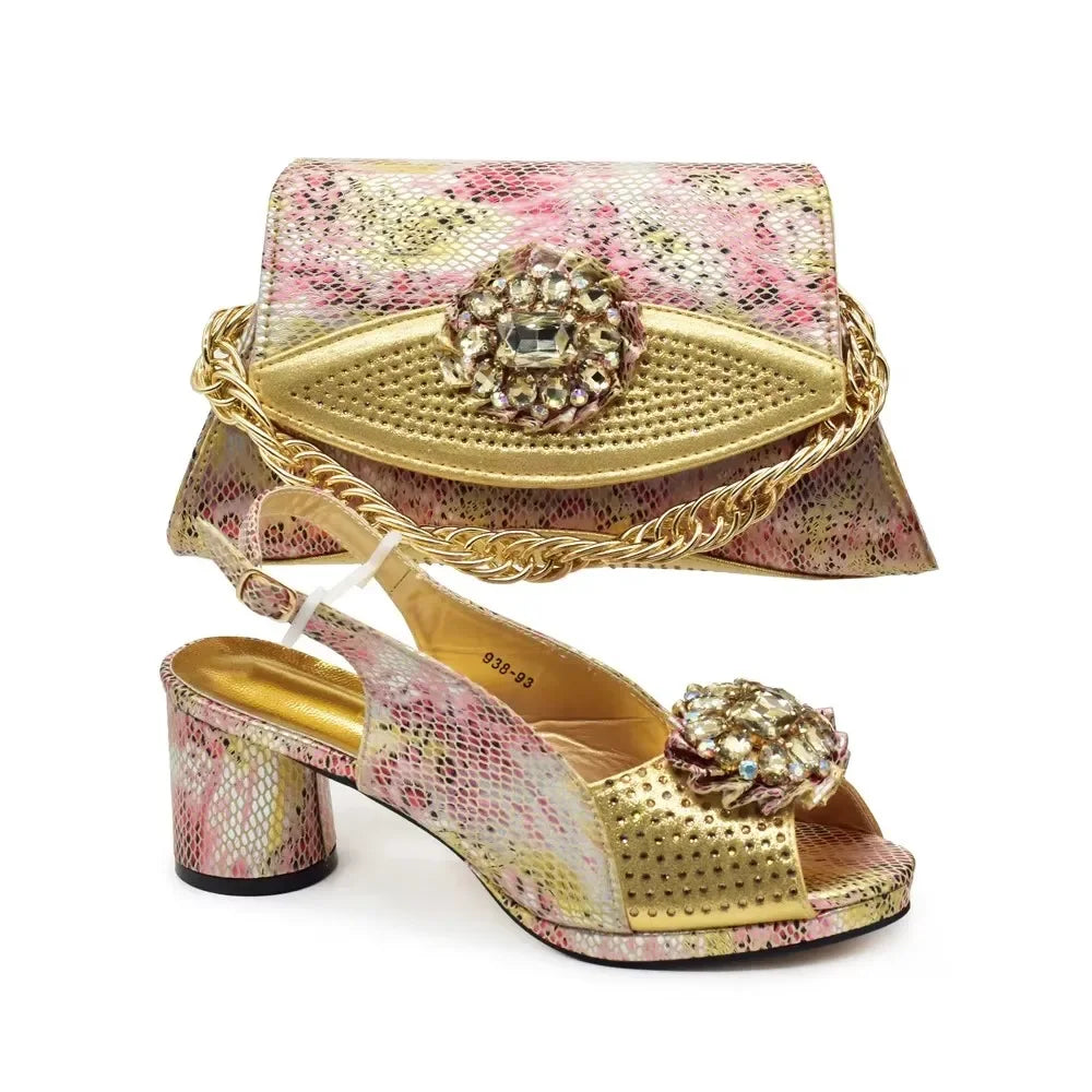 Italian Shoes and Bags Matching Set Decorated with Rhinestone Nigerian Heel Party for Women African Wedding Shoes with Bag