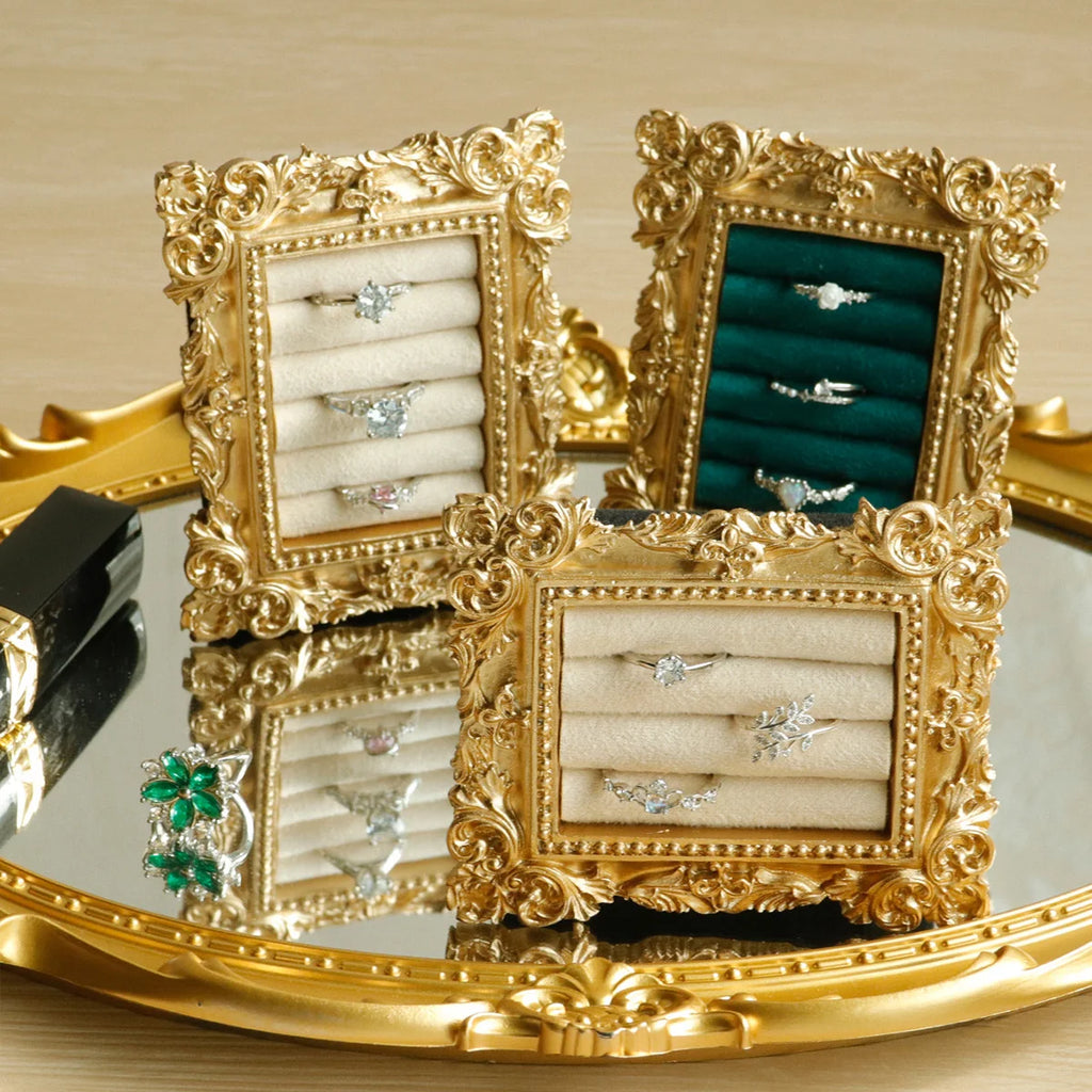 Vintage Gold Ring Display Stand,Suede Earring Tray Baroque Design,Wedding & Birthday Gifts, Velvet Organizer for Engagement Prop