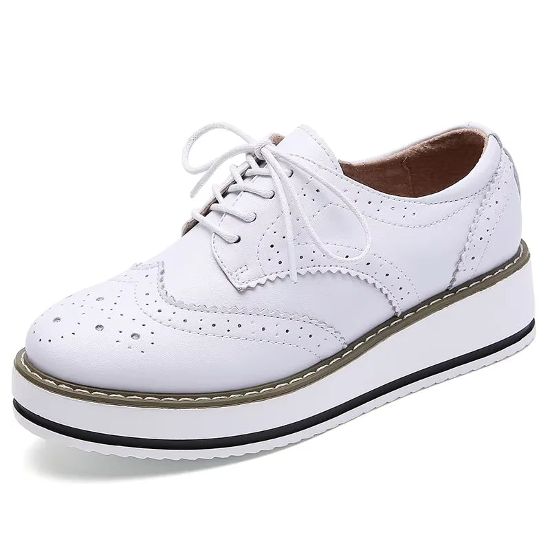 EOFK Spring Autumn Women Derby Platform Flats Brogue Leather Lace up Classic Bullock Footwear Gold Female Oxford Shoes Lady