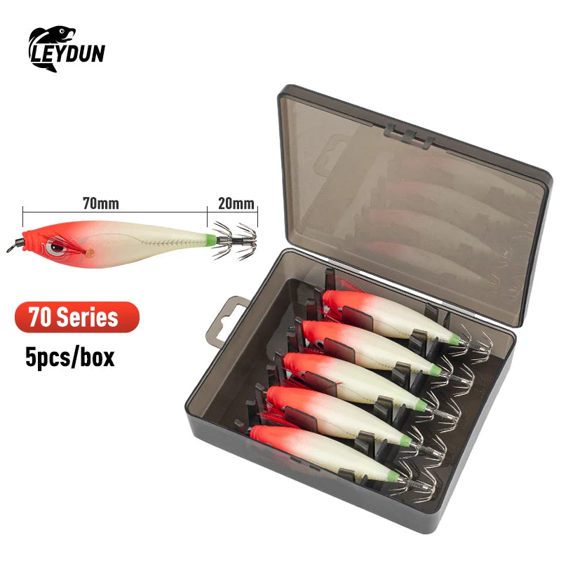 LEYDUN Luminous Horizontal Squid Jig Wood Shrimp Squid Hook 5pcs Fishing Lures LEYDUN Octopus Cuttlefish Shrimp Saltwater Baits