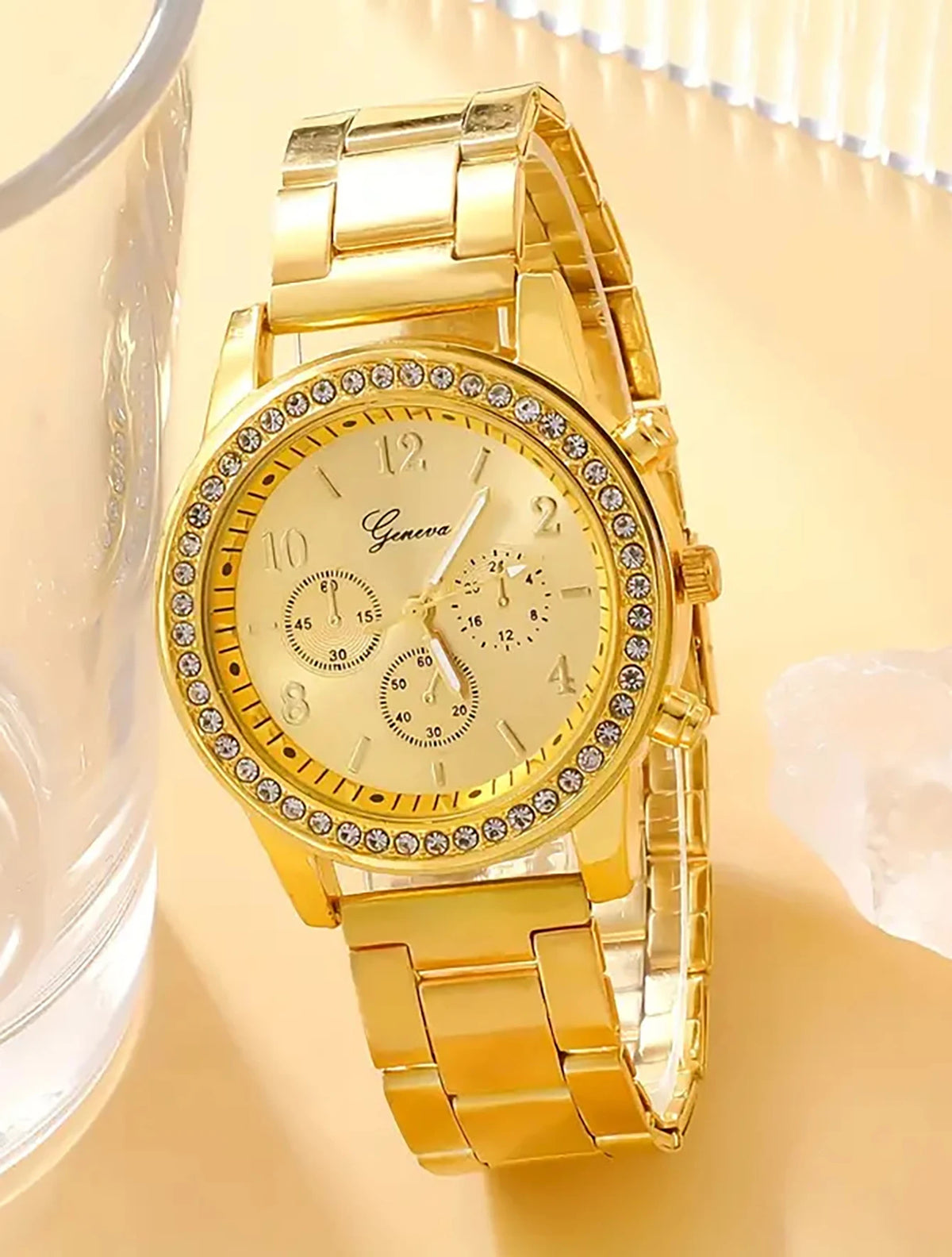 6PCS fashion diamond set rhinestone Ladies gold quartz Steel band Watch with bracelet Ring Necklace Earrings set
