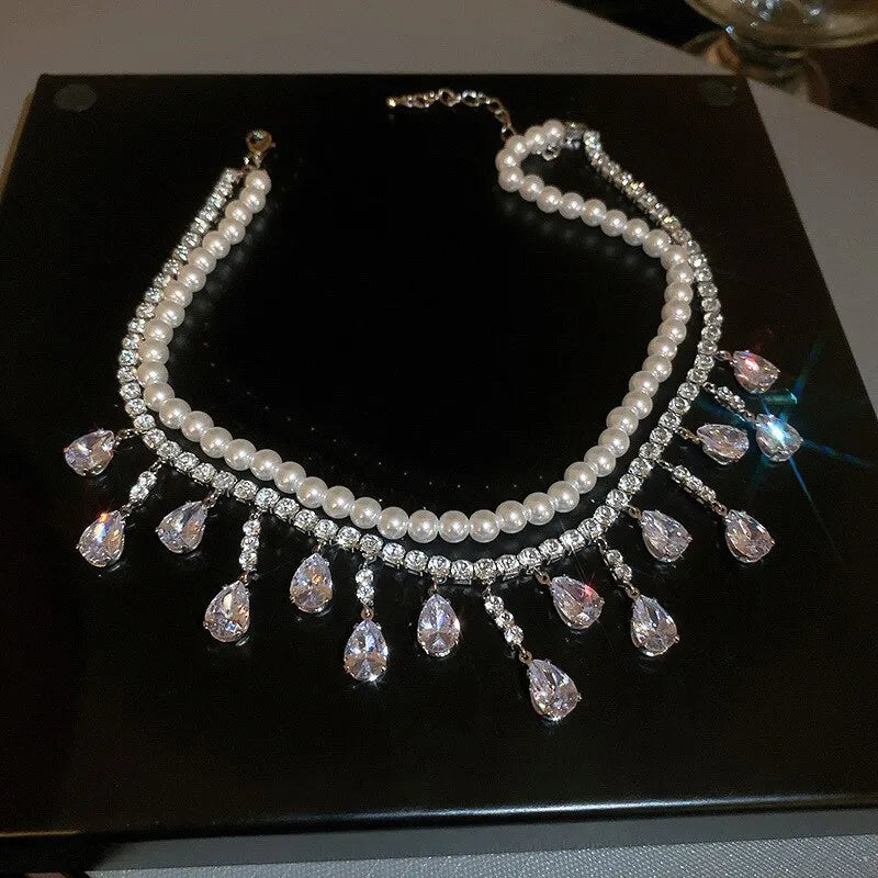 Luxury Rhinestone Crystal Chokers Necklaces For Women Multilayer Imitation Pearl Chain Necklace For Party Wedding Jewelry K-