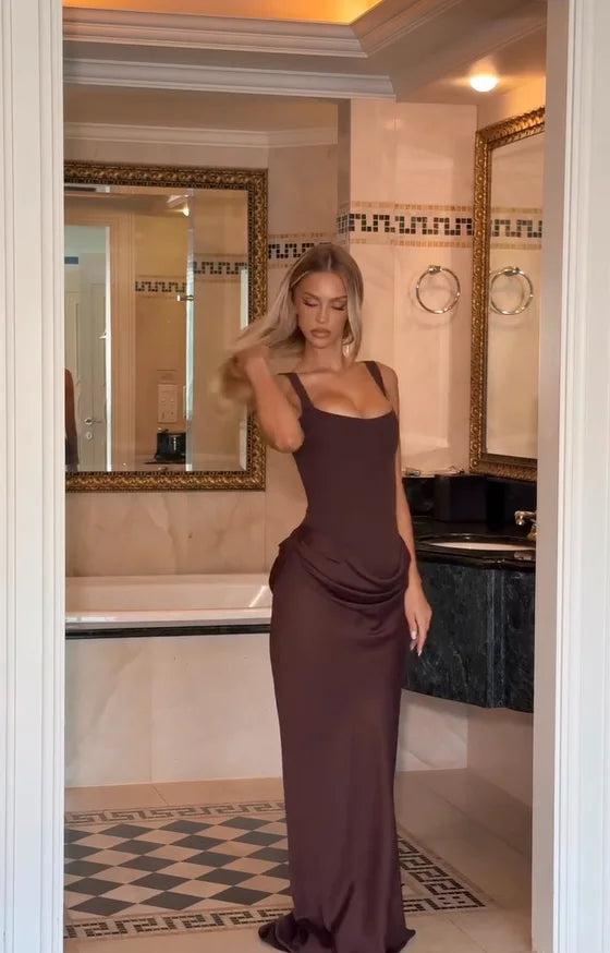 Brown Pleated Sling Maxi Dress Women Chic Square Neck Sleeveless Off-shoulder Waist Cinching Robes 2026 Lady Evening Party Gowns