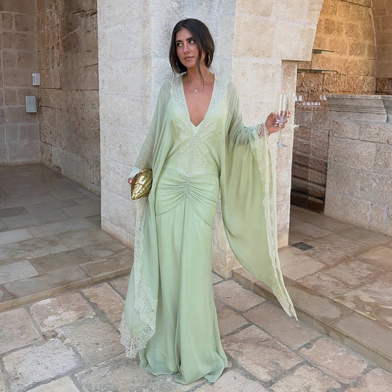 Sexy Deep V Neck Lace Trim Chiffon Maxi Gown Elegant Trendy Ruched Waist Mermaid Dress Autumn Chic Party Formal Evening Dresses
