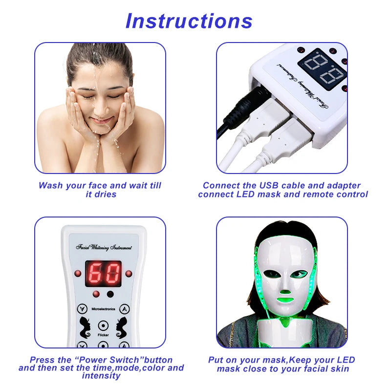 LED Facial Mask 7 Colors Balance Skin Tone Minimize Pores Brighten Skin Anti-Acne Face Neck Mask Reduce Neck Wrinkles LED Mask