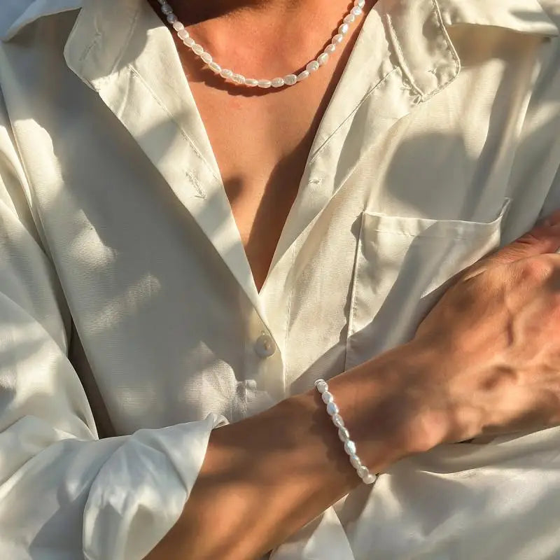 New Fashion Oval Imitation Pearl Chain Bracelet Necklace Men Women Handmade Classic Chain Beads Bracelet for Men Jewelry Set