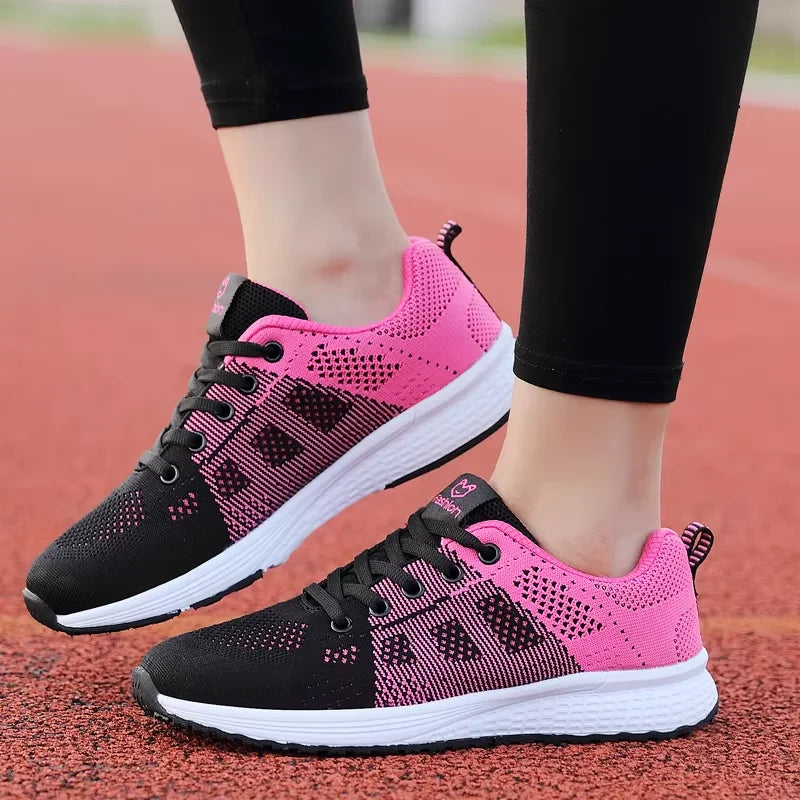 Women Casual Shoes Breathable Walking Mesh Lace Up Flat Shoes Sneakers Women Tenis Feminino Pink Black White