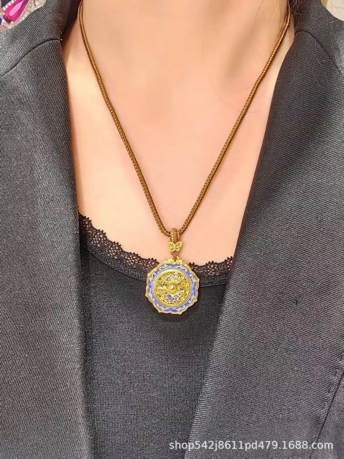 Luxury 9999 24K Solid gold certifid butterfly gold wire carved enamel diamond butterfly necklace women's gold clavicle chain