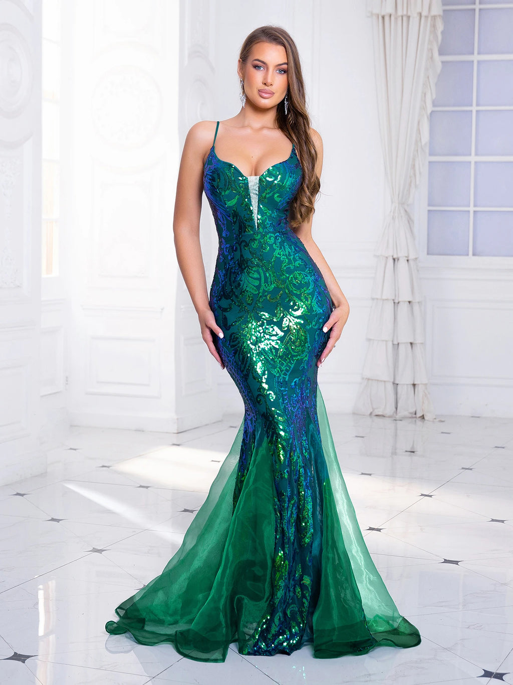 Sleeveless V Neck Sequined Organza Mermaid White Wedding Party Dress Backless Floor Length Evening Prom Gown