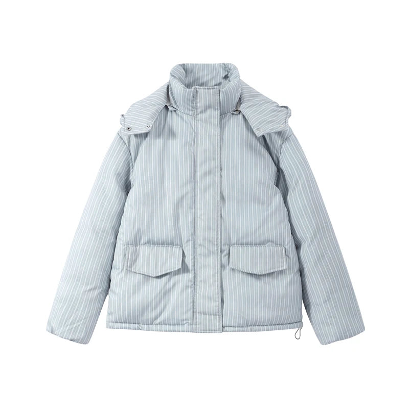 Chic Striped Hooded Puffer Coat Set Women Quilted Full Sleeve Zip Jacket Wide Leg Pants 2026 New Lady Autumn Winter Warm Outfit