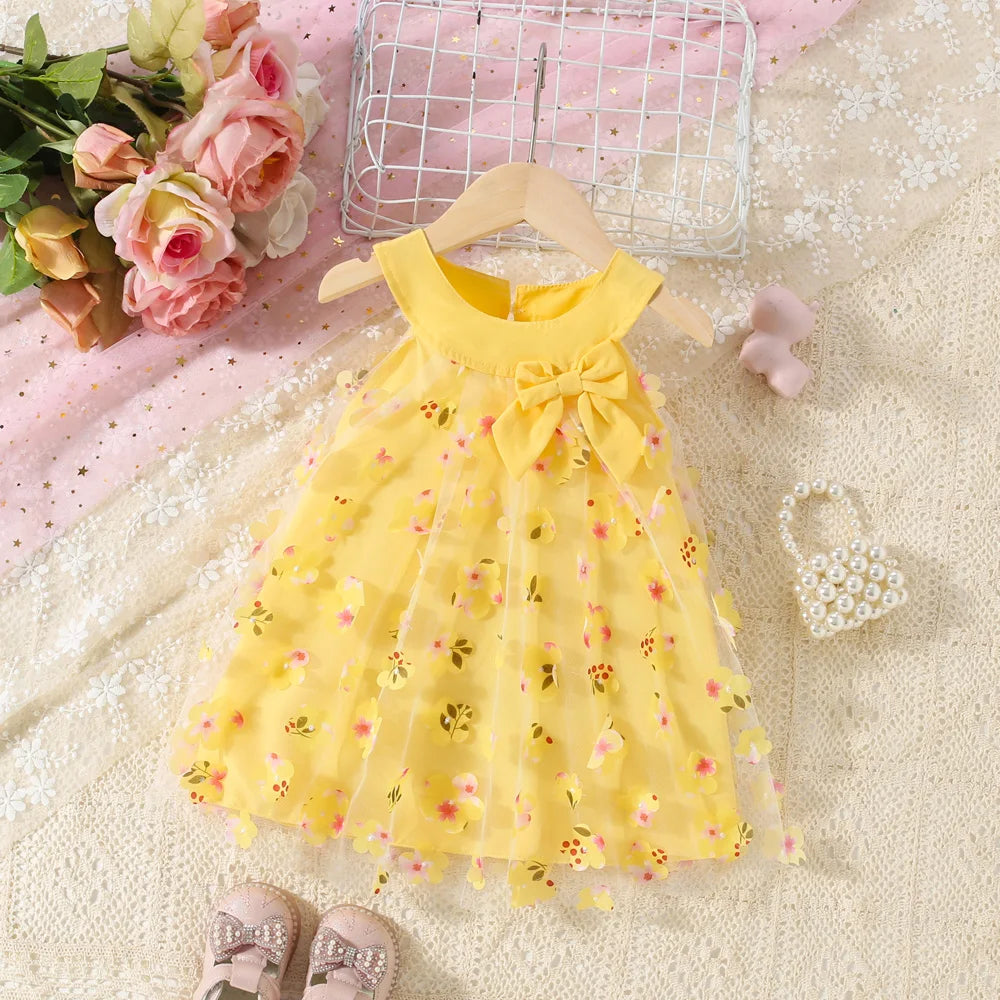 (0-3 Years) New Summer Girls Dress Halter Floral Floral Mesh Bow Round Neck Sweet Princess Dress Birthday Party Party Dress