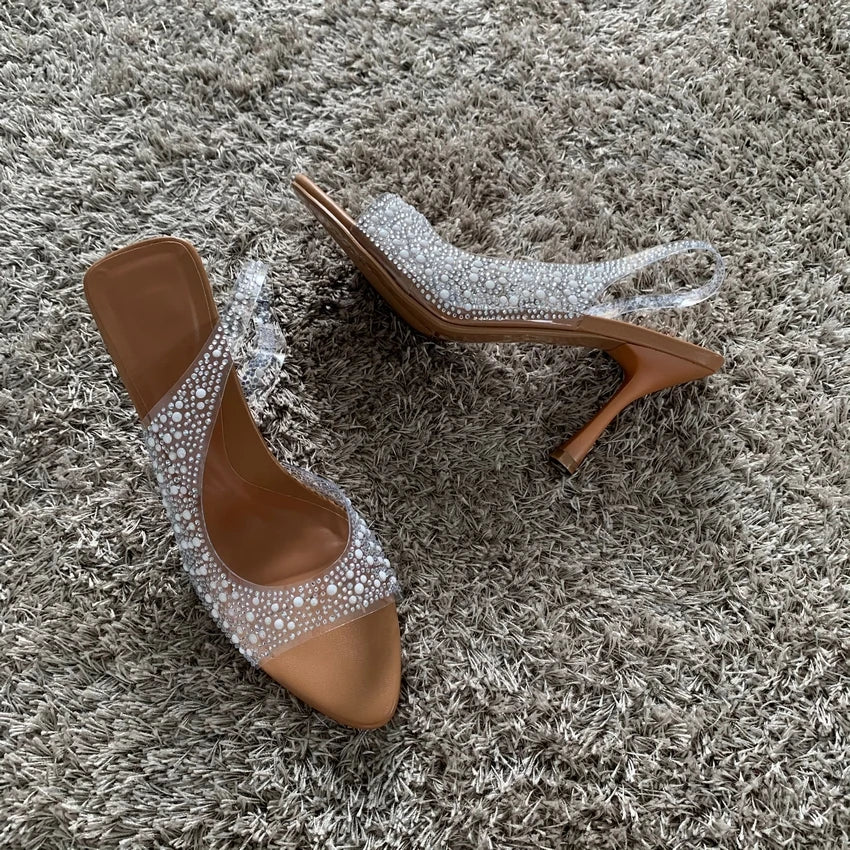 2025 Summer Rhinestone Slingback Pumps Women High Heels Sandals Lady Elegant Pointed Toe Female Sexy High Heels Woman Shoes