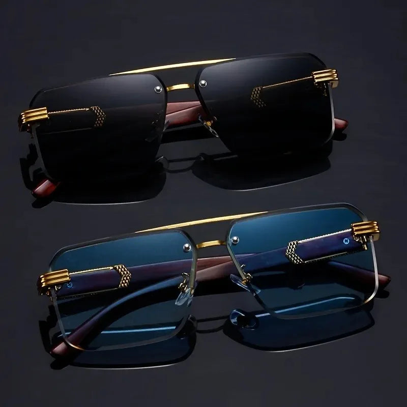 Women's Frameless Double Beam Fashion Sunglasses Golden Border Wood Grain Bracket for Male and Female Drivers Black Eyeglasses