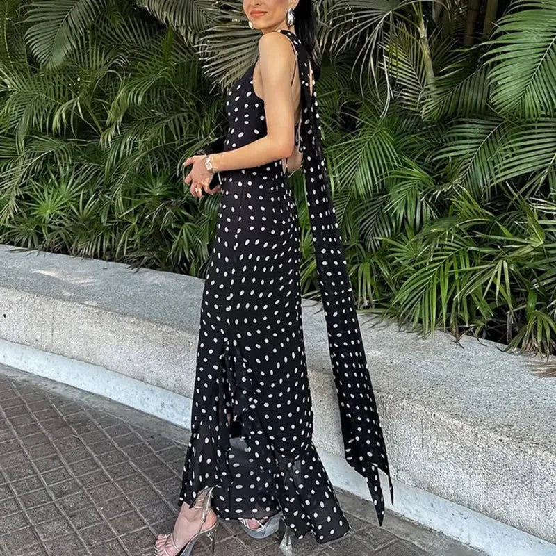 Tuularose Elegant Polka Dot Long Dress Summer Scarf Ribbon Ruffle Halter Pleated Dress Luxury Sleeveless Women's Evening Dresses