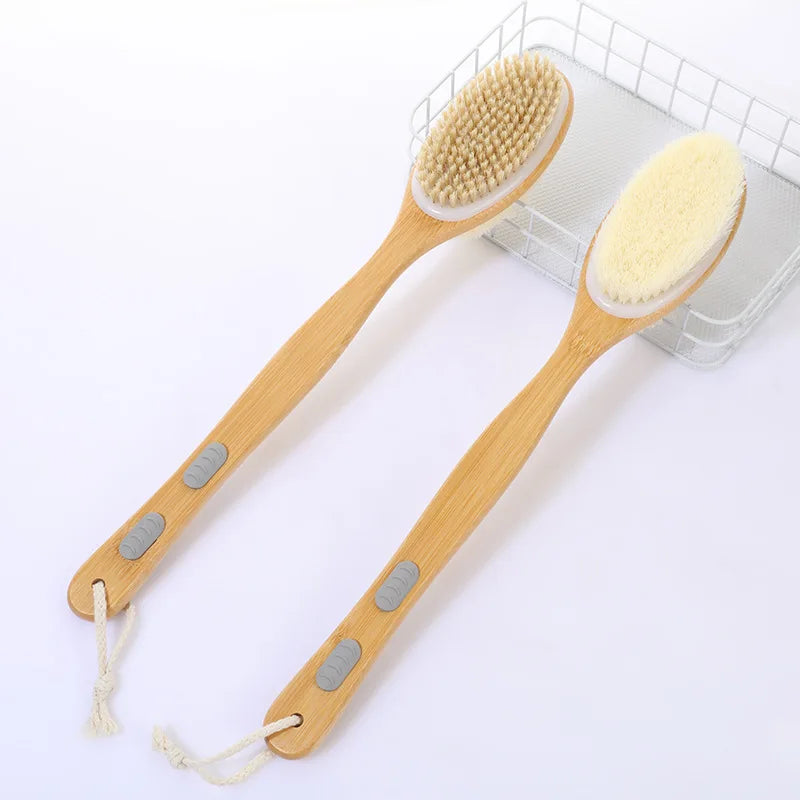 Shower brush with soft and hard bristles, double sided long handle, back scrub body exfoliator, suitable for both wet and dry us