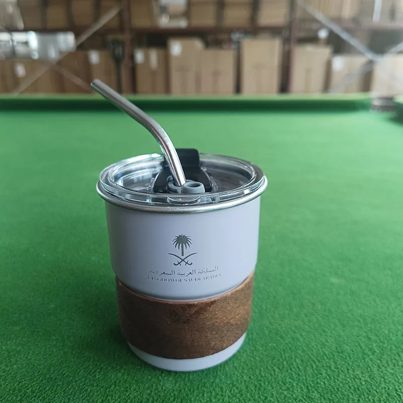 National Emblem of Saudi Arabia Logo Stainless Steel Cup Beer Mug with Lid wood 300ml Outdoor Camping Coffee Mug Includes straw