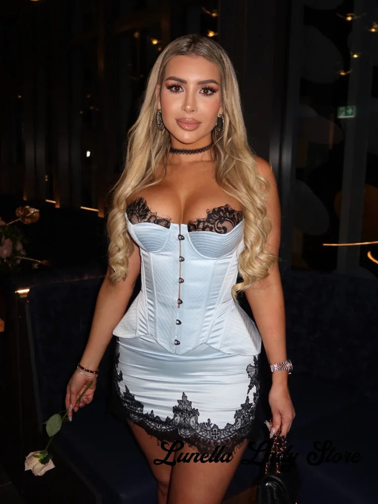 White Satin Lace Patchwork Corset Mini Dress Women Spaghetti Strap Waist-cinching Bodycon  Dresses Lady Chic Party Club Outfit