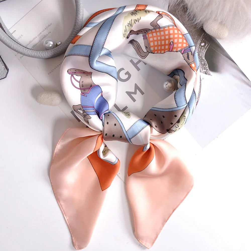 Luxury Apricot Print 70*70cm Silk Square Scarf Women Soft Satin Hairband Neckerchief Tie Female Headband Foulard Bag Ribbon Gift