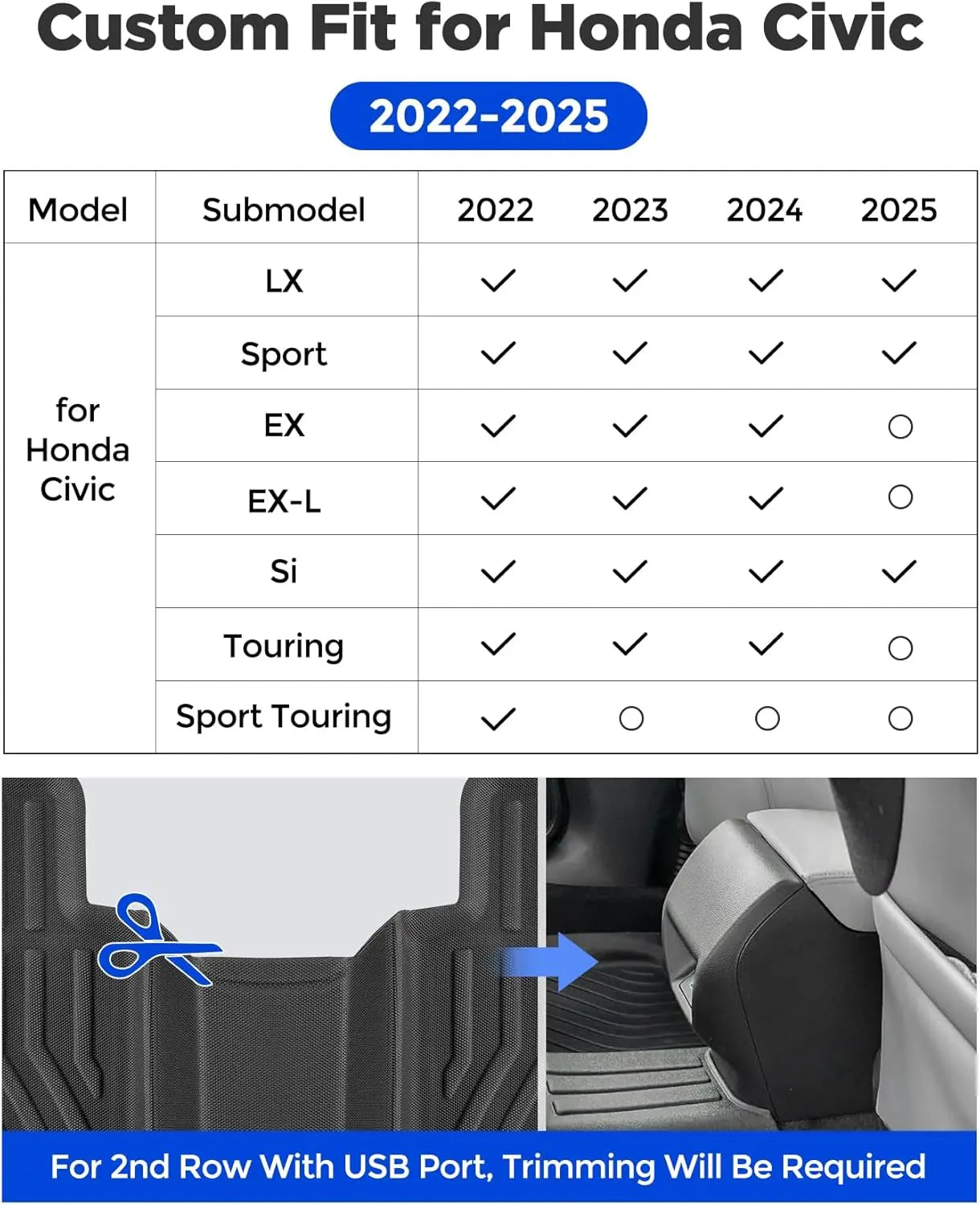 3 Pcs Floor Mats for Honda Civic 2022-2025 All-Weather Rubber Liners Heavy Duty Car Interior Protection