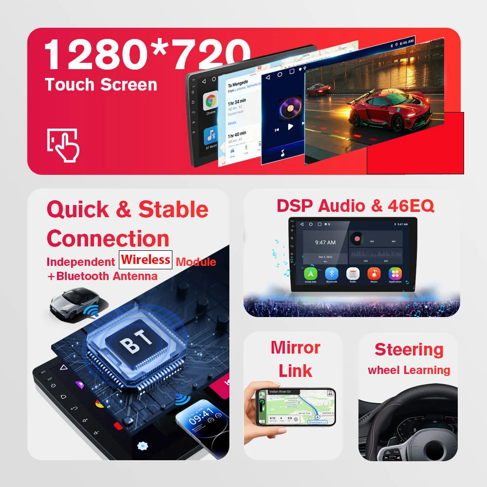 9" Android 13 Car Stereo with Wireless CarPlay & Android Auto, 64GB+4GB Double Din Navigation, 8-Core Processor, HD Touchscreen, Steering Wheel Control, WiFi/Wireless, Dash Cam Compatible, FM/MP3/RDS Radio Head Unit car acces