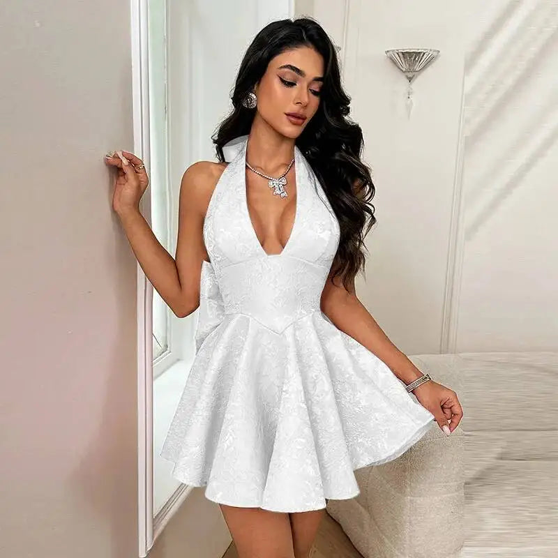 Giyu Club Evening Party Dresses Women 2025 Summer Sexy Bow Halter Long Dress Elegant Jacquard Lace Up Backless Birthday Robe
