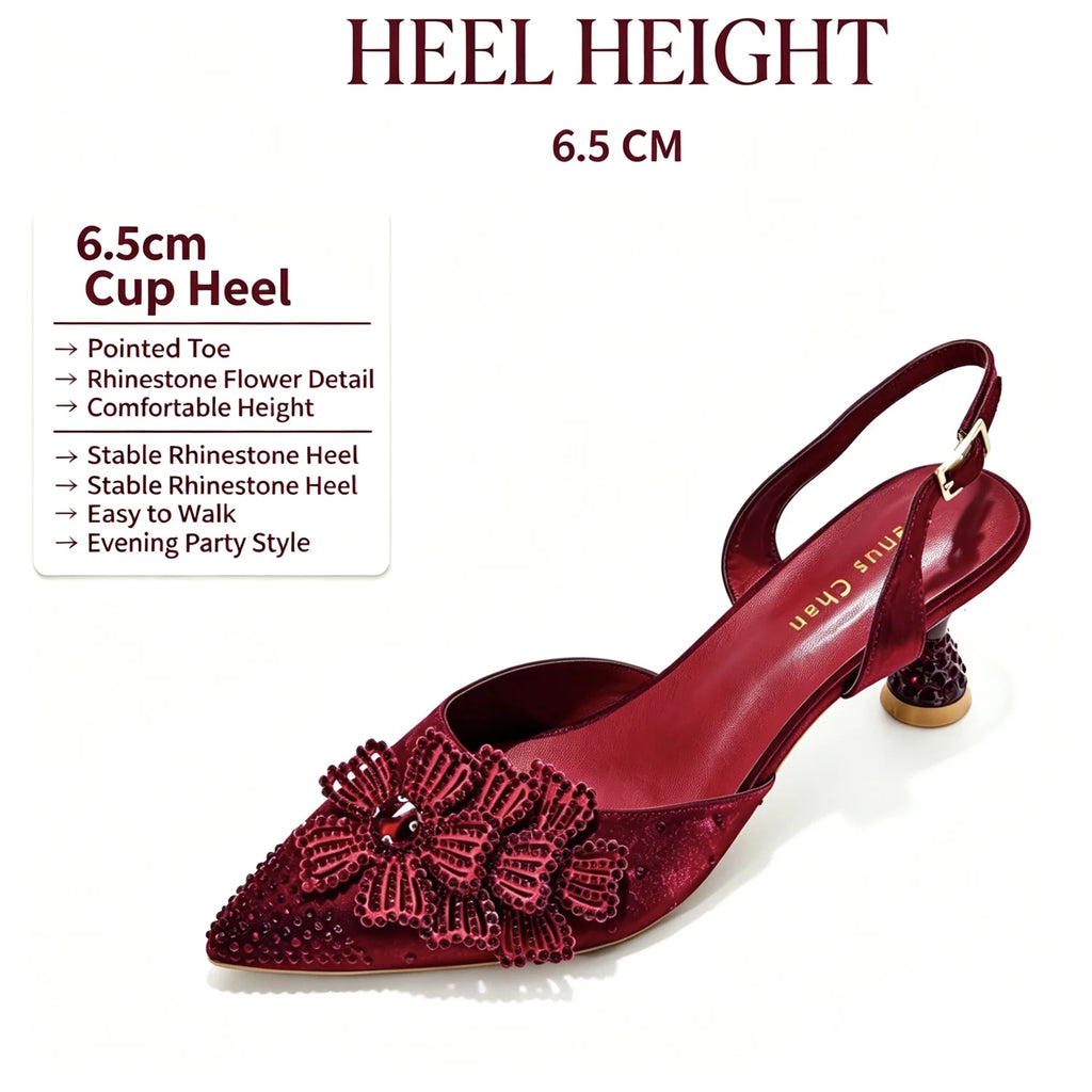 Luxury Women's Satin Slingback Heels with Rhinestone Embellishments & Pointed Toe - Stunning 3D Floral High Heels Ideal