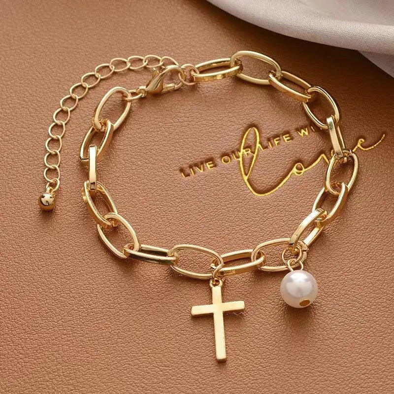 1pcs Gold-color Bracelet Ladies Simple Style Thick Cross Chain With Love Human Head Cross Pearl Pendant