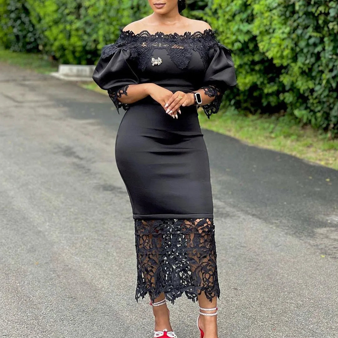 Dashiki African Women Gown Hollow Out Party Dress Sexy Long Sleeve Round Neck Ladies Elegant Solid Pullover High Waist 2024